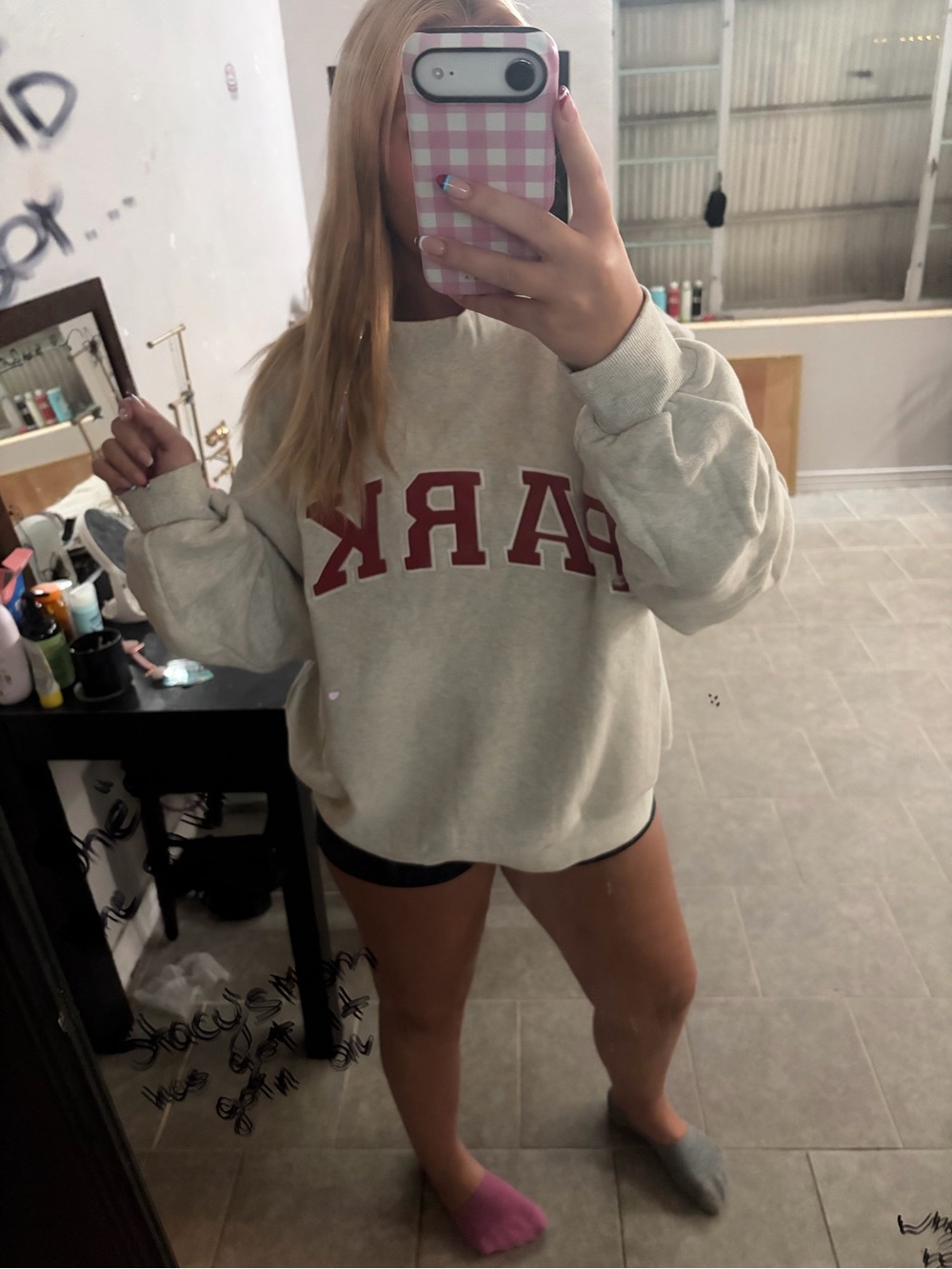 Cream Crewneck Sweatshirt with Red Collegiate Print